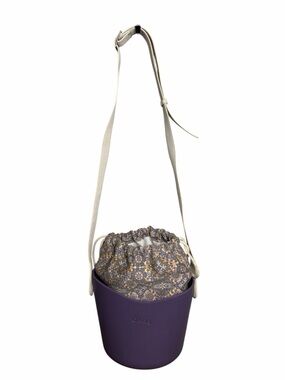 O bag Purple Bucket Crossbody with Floral Drawstring Insert and Cream Strap